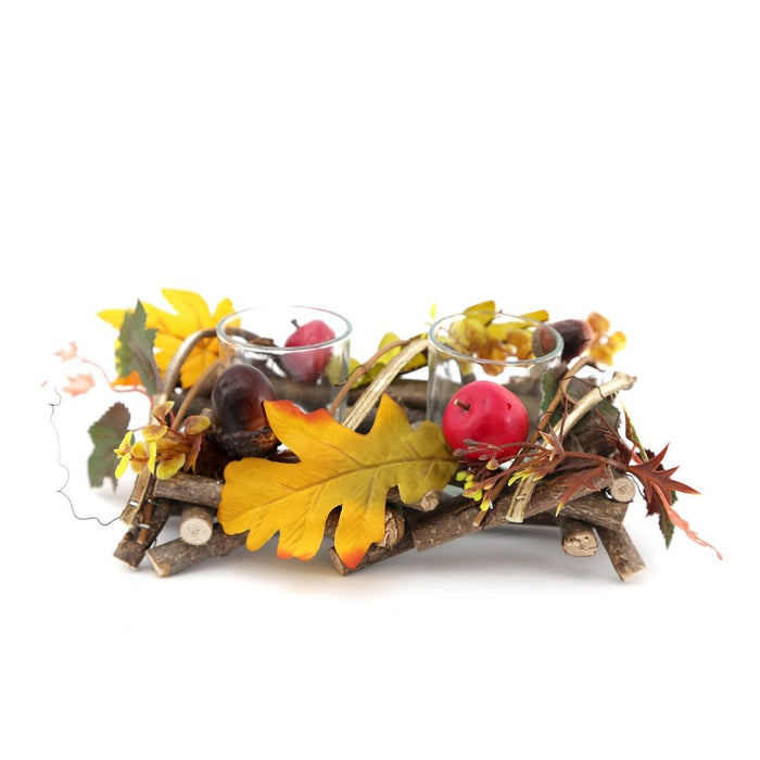 Rustic Wood & Fauna Tea light Holder | Handcrafted Branch Basket with Leaves & Berries | Double Candle Stand 5.5cm x 6cm