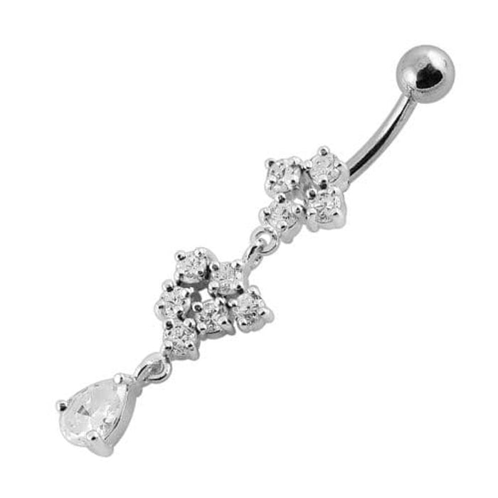  Fancy Silver Dangling Belly Ring With SS Curved Bar