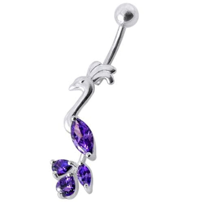 Fancy Jeweled Peafowl Dangling SS Bar Navel Ring Body Jewelry