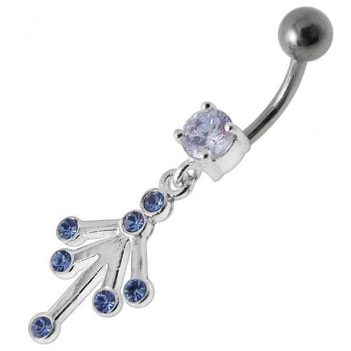 Fancy Jeweled Silver Dangling With Curved Bar Belly Ring Body Jewelry