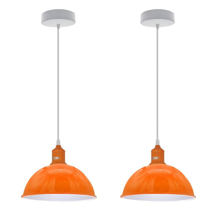 Sturdy Metal Dome Pendant Lights - Set of 2, Loft Style, Spray Painted Finish, Inner White, 21cm, E27 Bulb Socket