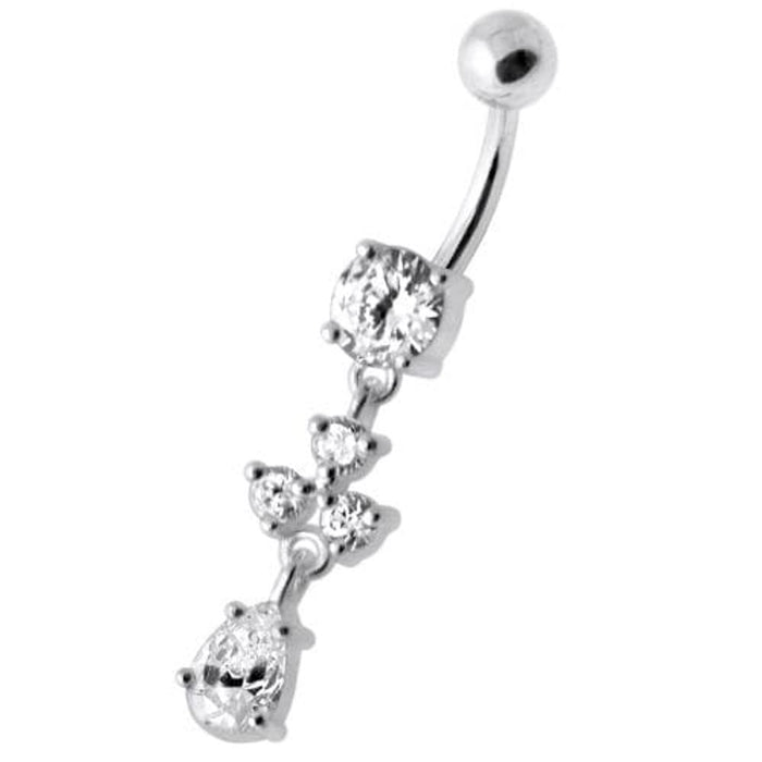 Tri Round Jeweled Dangling Silver Belly Bar