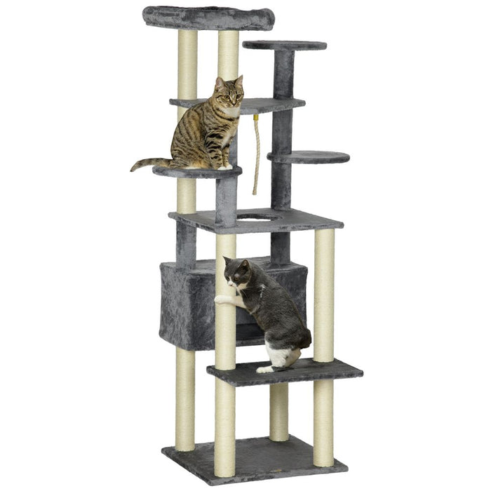 PawHut 184cm Cat Tree - Modern Grey Cat Tower, Bed, Scratching Post, & Play Rope