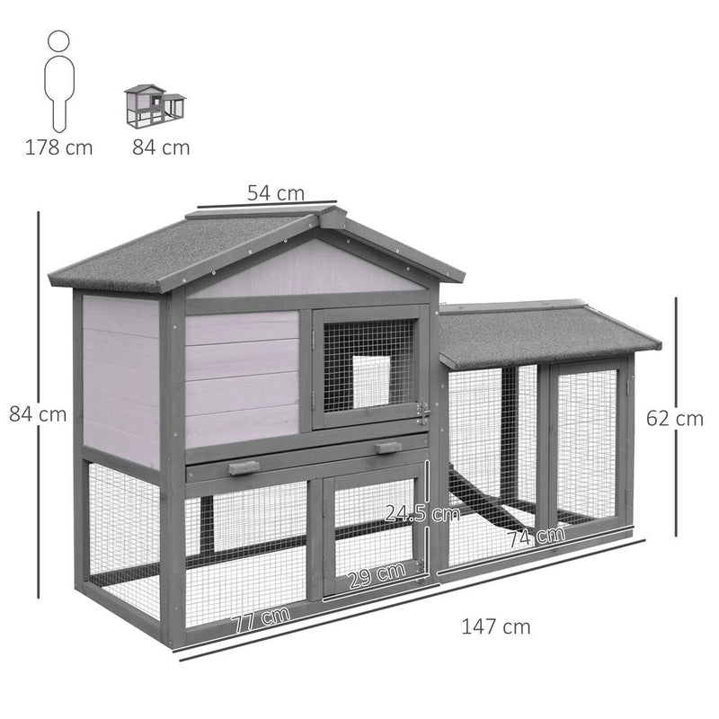 PawHut Wooden Rabbit Hutch Outdoor, Double Tier Guinea Pig Hutch, Small Animal House Water-Resistant Roof Ramp 147 x 54 x 84 cm