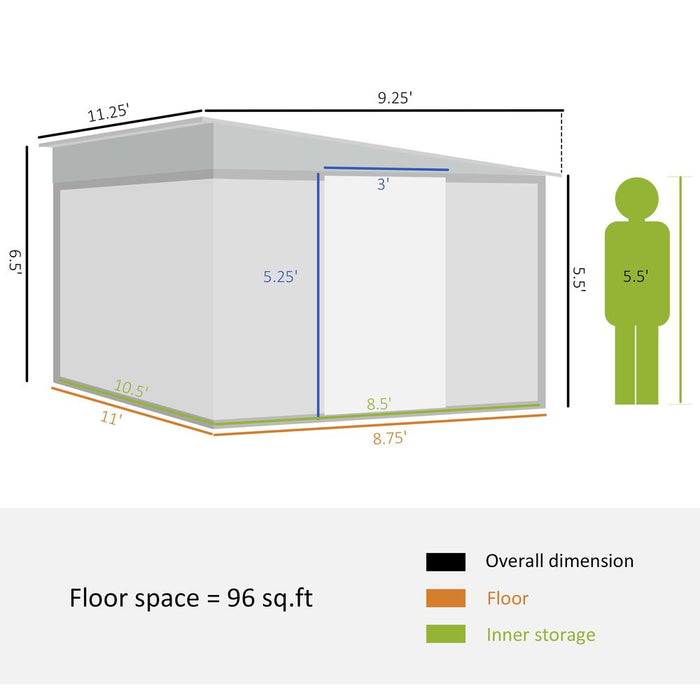 Outsunny 11.3x9.2ft Steel Garden Storage Shed w/ Sliding Doors & 2 Vents, Green