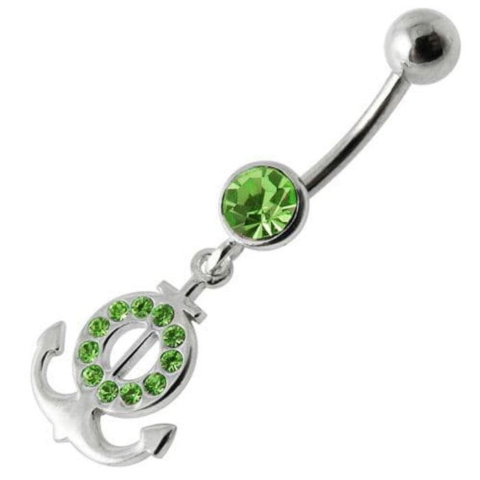 Silver Fancy Multi Jeweled Logo Dangling Banana Bar Belly Ring