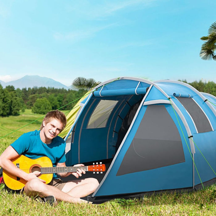 High-Quality 3-4 Person Camping Tent | Tunnel Design, Two Rooms, Windows, Blue