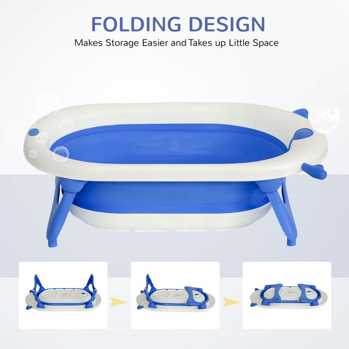 HOMCOM Foldable Baby Bathtub Set, Collapsible Bath Tub with Thermostatic Water Plug, Non-Slip Support, Cushion Pad, Drain Plugs, for Newborn to 3 Years - Blue