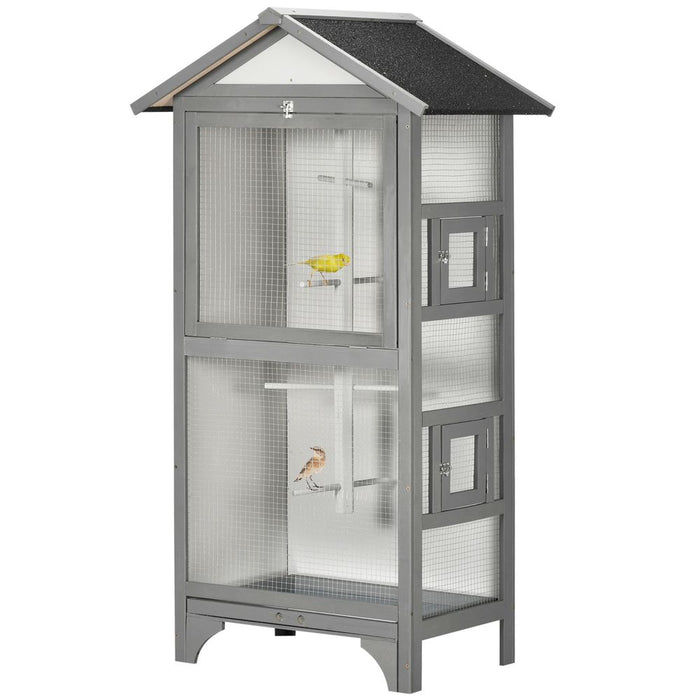 Premium Fir Wood Bird Aviary - Finch, Canary - Removable Tray - Asphalt Roof - Grey