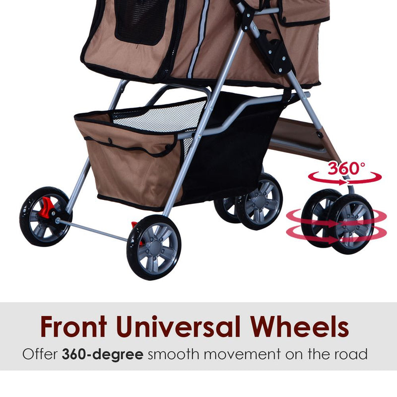 PawHut Pet Stroller for Small Miniature Dogs Cats Foldable Travel Carriage with Wheels Zipper Entry Cup Holder Storage Basket Brown