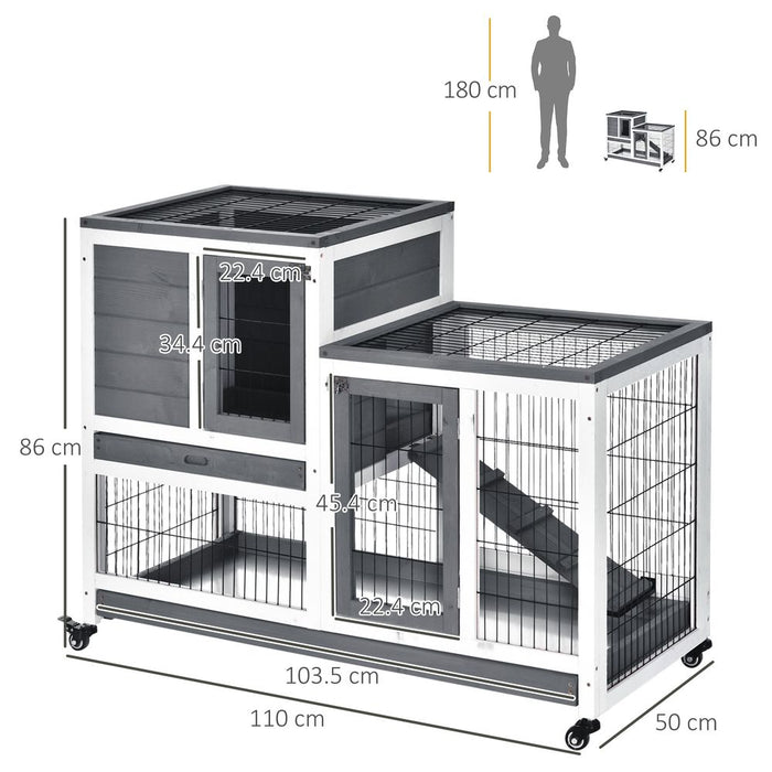 PawHut Wooden Indoor Rabbit Hutch Guinea Pig House Bunny Small Animal Cage W/Wheels Enclosed Run 110 x 50 x 86 cm, Grey