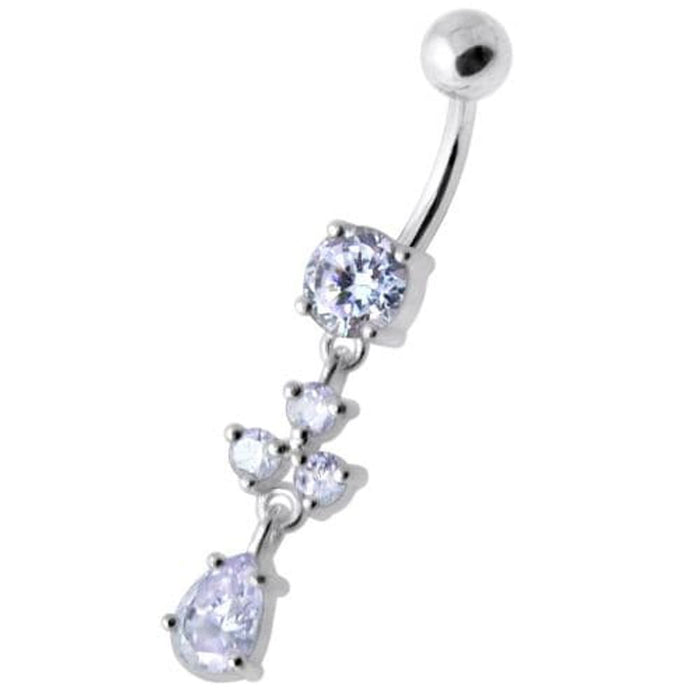 Tri Round Jeweled Dangling Silver Belly Bar