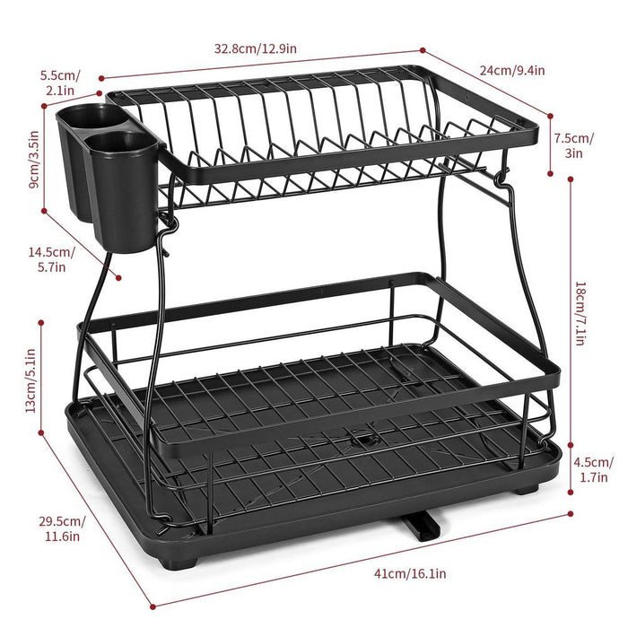 VINSANI BLACK DISH RACK 1010248 - Modern 2-Tier Design with Auto Drainage System - Large Capacity & Durable Quality - Easy Assembly