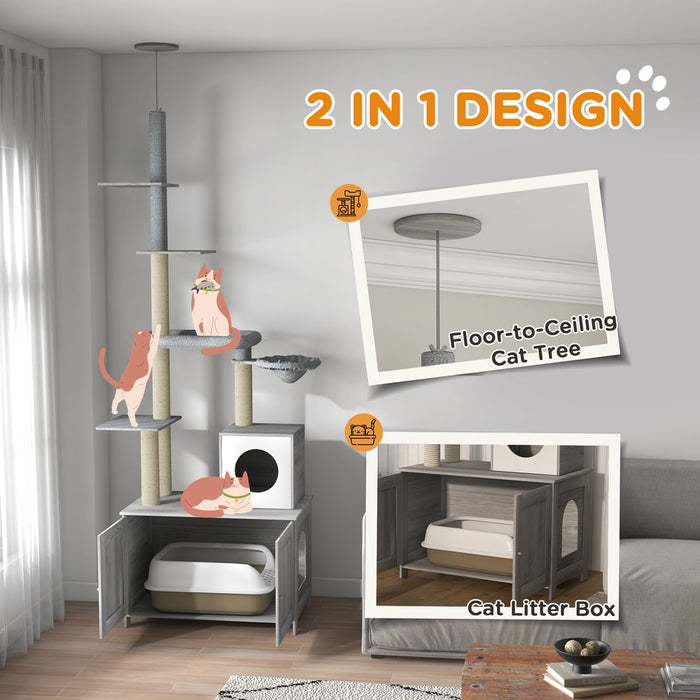 PawHut 2-in-1 Hidden Litter Box & Floor to Ceiling Cat Tree - Premium Quality, Stylish Design, Grey