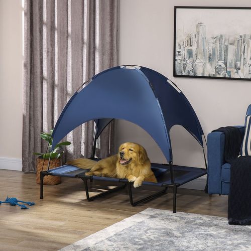 PawHut 122cm Elevated Dog Bed Cooling Raised Pet Cot UV Protection Canopy Blue