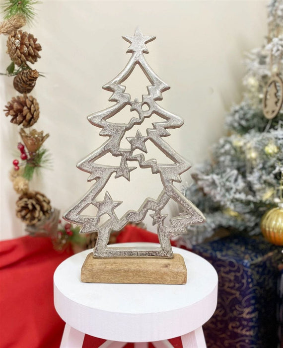 Premium Silver Christmas Tree with Stars on Wood Base