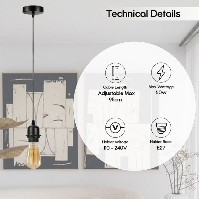 Industrial Chrome Pendant Light Fitting. E27 UK Holder Set. PVC Cable. Dimmable. Best Quality. Adds Lampshades.