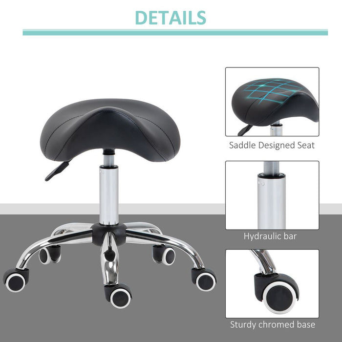 Multi-use PU Leather Saddle Stool w/ Adjustable Height, Padded Seat & 5 Wheels - Black