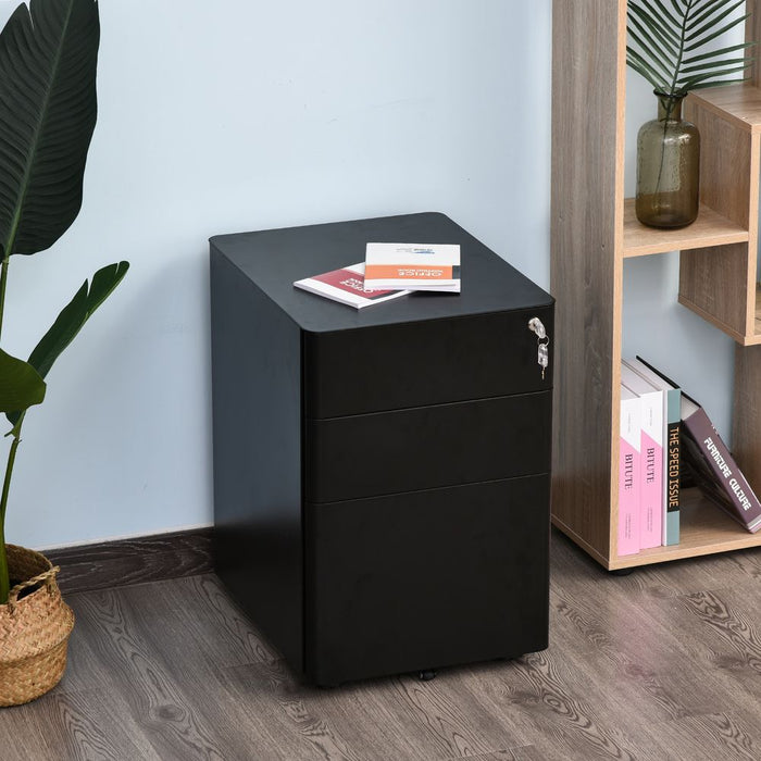 3 Draw Metal Filing Cabinet Lockable 4 Wheel Compact Under Desk Black Vinsetto