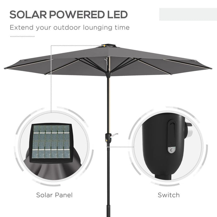 Outsunny Solar Patio Garden Parasol with Lights for Outdoor, Charcoal Grey