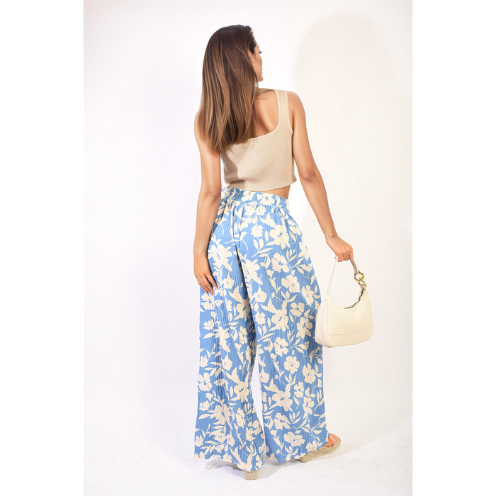 Pleated Wide Leg Floral Print Trousers