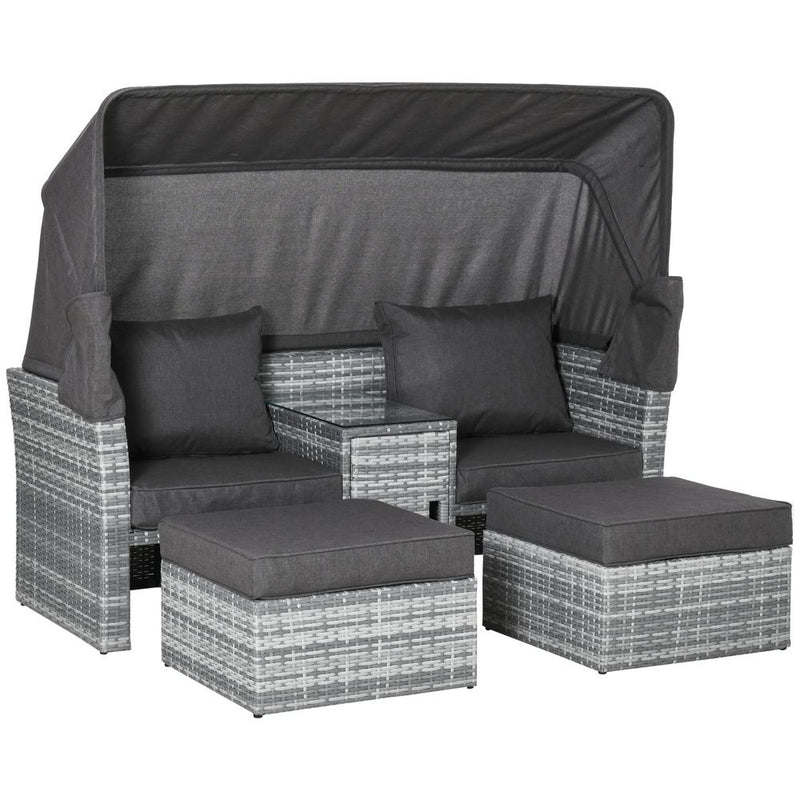PE Rattan Daybed 2-Seater Sofa Footstool Tempered Glass Table
