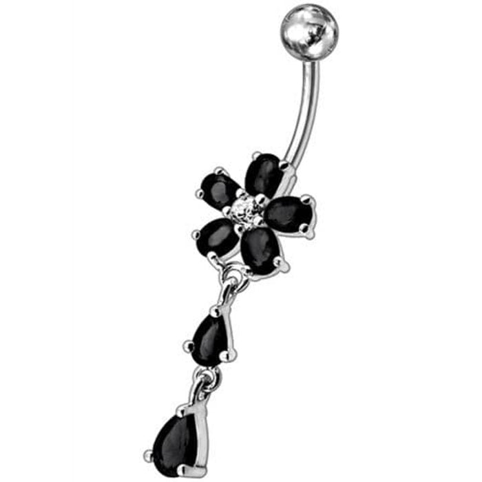 Fancy Jeweled Flower With Silver Dangling SS Bar Navel Ring