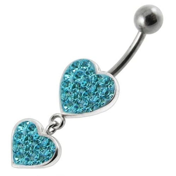 Fancy Double Red Jeweled Heart Dangling SS Bar Navel Ring