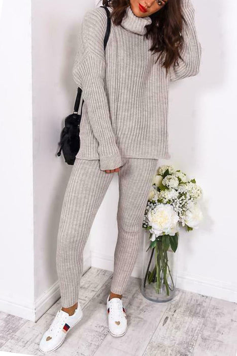 Ladies Chunky Knitted Ribbed Polo High Neck Top Leggings Loungewear Suit Set