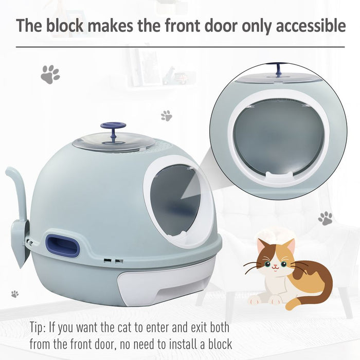 PawHut Cat Litter Box Toilet with Litter Scoop Enclosed Drawer, Front Entry Top Exit, Easy To Clean Blue