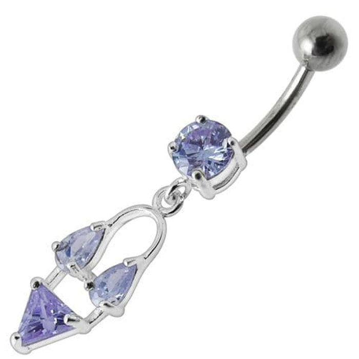 Silver Fancy Double Stone Jeweled Dangling Navel Ring