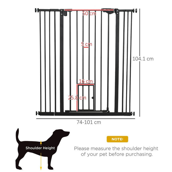 PawHut Extra Tall Dog Gate with Cat Door - Auto Close, Stairs, 74-101 cm Wide