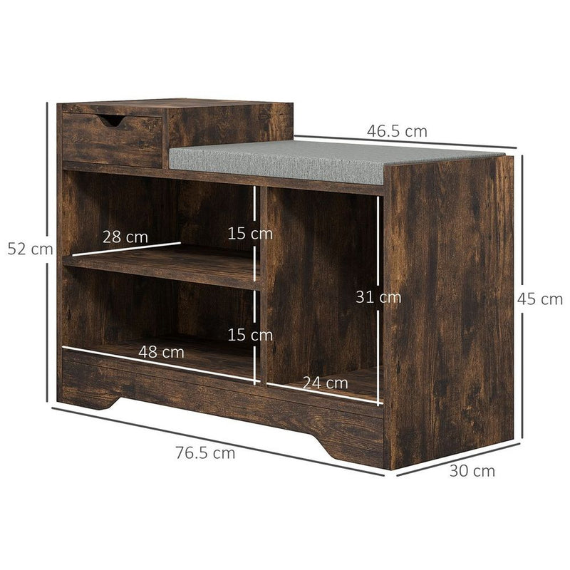 HOMCOM Upholstered Entryway Shoe Bench with Storage Drawer Open Shelf Brown