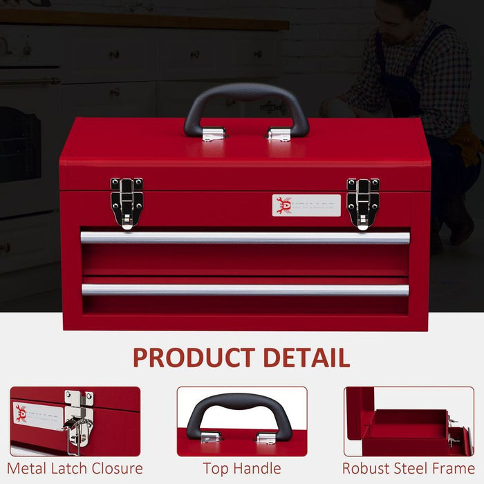 DURHAND Lockable 2 Drawer Tool Chest with Ball Bearing Slide Drawers Red