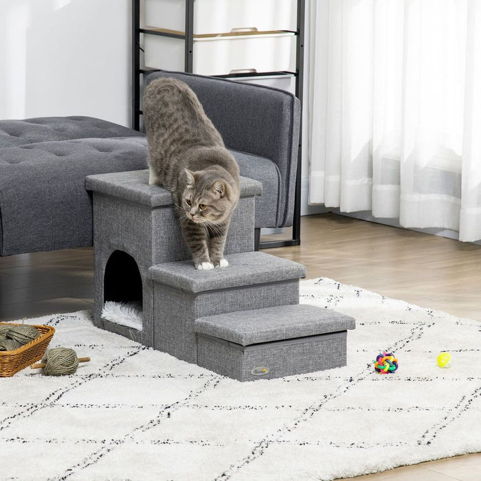 PawHut 3 Step Dog Steps w/ Cat House Storage Boxes - Grey, High-Quality & Multifunctional - Perfect for Beds & Sofas!