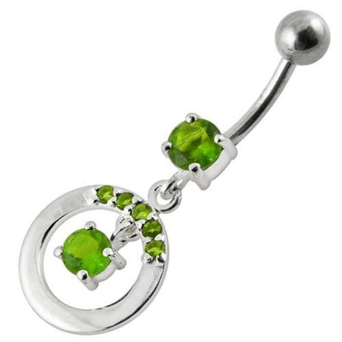 Fancy Jeweled Round With Stone Pendulum Dangling Banana Bar Belly Ring