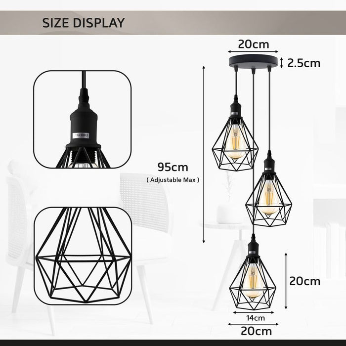 3 Head pendant Industrial Ceiling Light Fitting, Metal Vintage Lamp shade