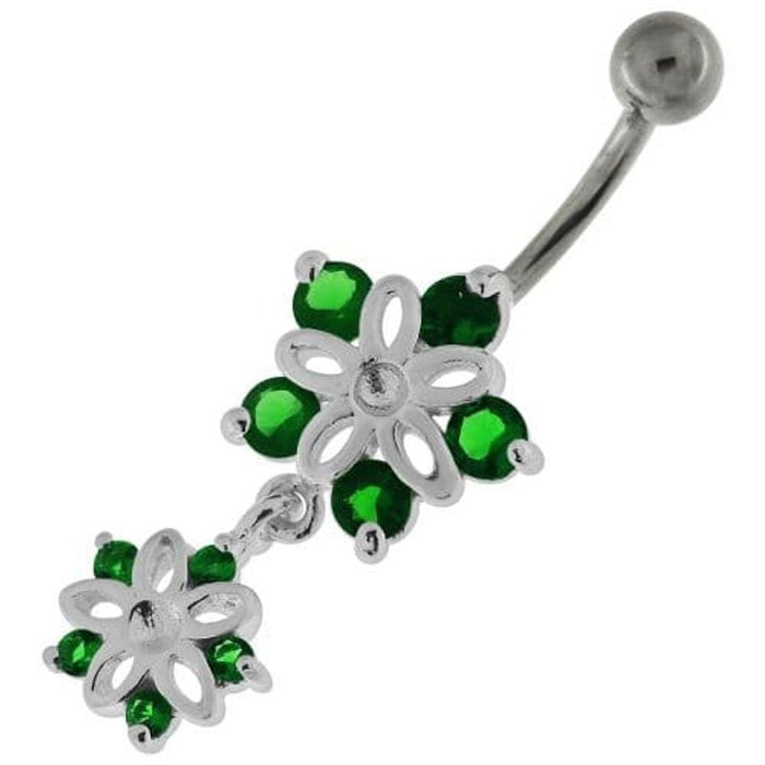 Jeweled Twin Flowers Sterling Silver Belly Button Ring