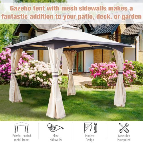10' x 10' Outdoor Patio 2-Tier Roof Gazebo Canopy Steel Frame w/ Mesh Sidewalls