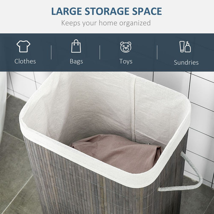 Bamboo Laundry Basket with Flip Lid Foldable, Grey Handles Lining,