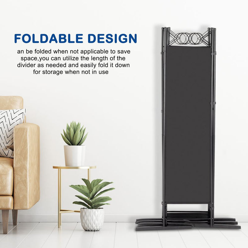 5.74FT 6-Fold Top With Shape 130g Polyester Cloth Plastic Feet Carbon Steel Frame Foldable Screen Black