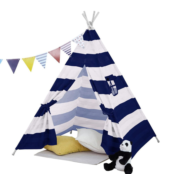 Premium Neo Navy & White Stripe Kids Teepee - Quality Canvas Indian Tent for Hours of Fun