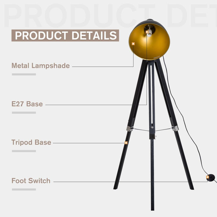 Vintage Industrial Tripod Floor Lamp - Black/Gold - Adjustable Height and Angle