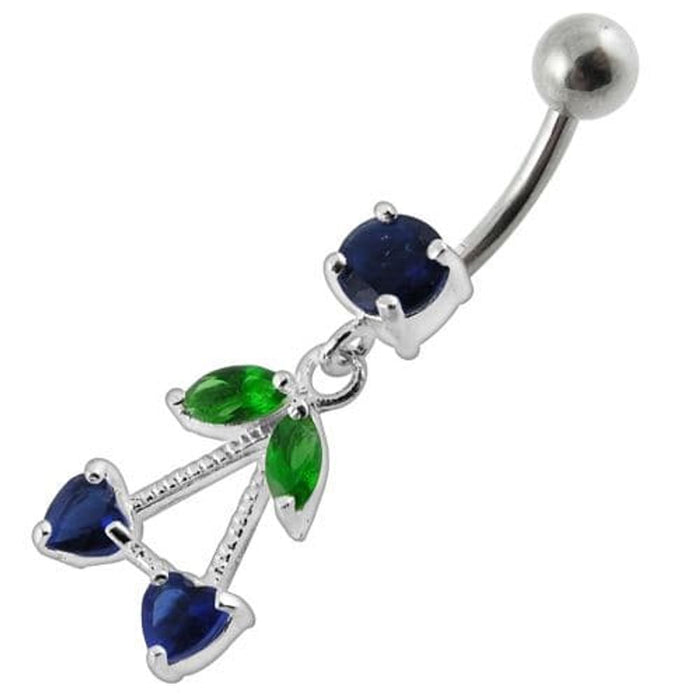 Fancy Jeweled Double Heart Stone Dangling SS Bar Belly Ring Body Jewelry