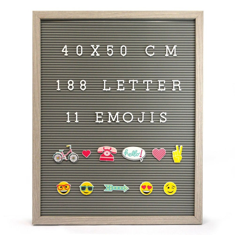 RUSTIC MESSAGE BOARD - 188 WHITE LETTERS + 11 EMOJIS - GREY FRAME (40x50cm)