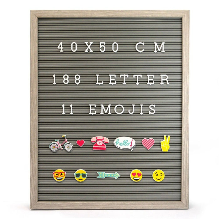 RUSTIC MESSAGE BOARD - 188 WHITE LETTERS + 11 EMOJIS - GREY FRAME (40x50cm)