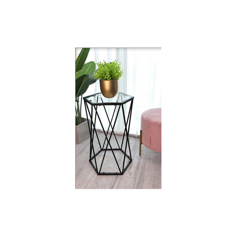 SLENDER Hexagon Black Side Table - Tempered Glass - High Quality - Professional Seller