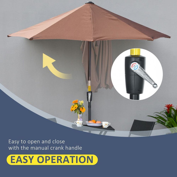 Premium Outsunny 2m Half Garden Parasol - Crank Handle, Base - Coffee - Buy Now!