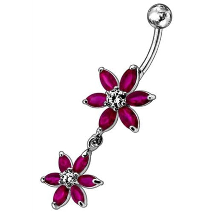 Silver Jeweled Flower Dangling SS Curved Belly Ring