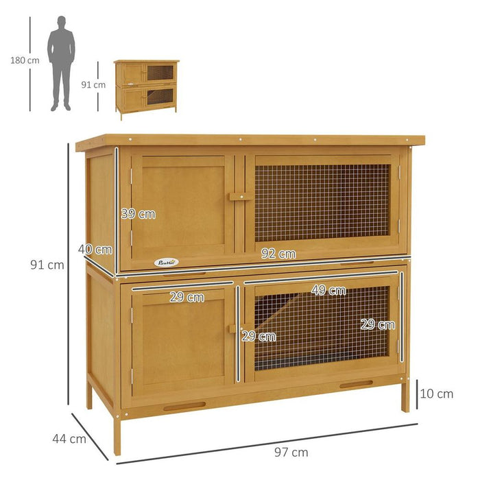 PawHut Double Decker Rabbit Hutch Bunny Cage Pet House Outdoor with Tray, Yellow